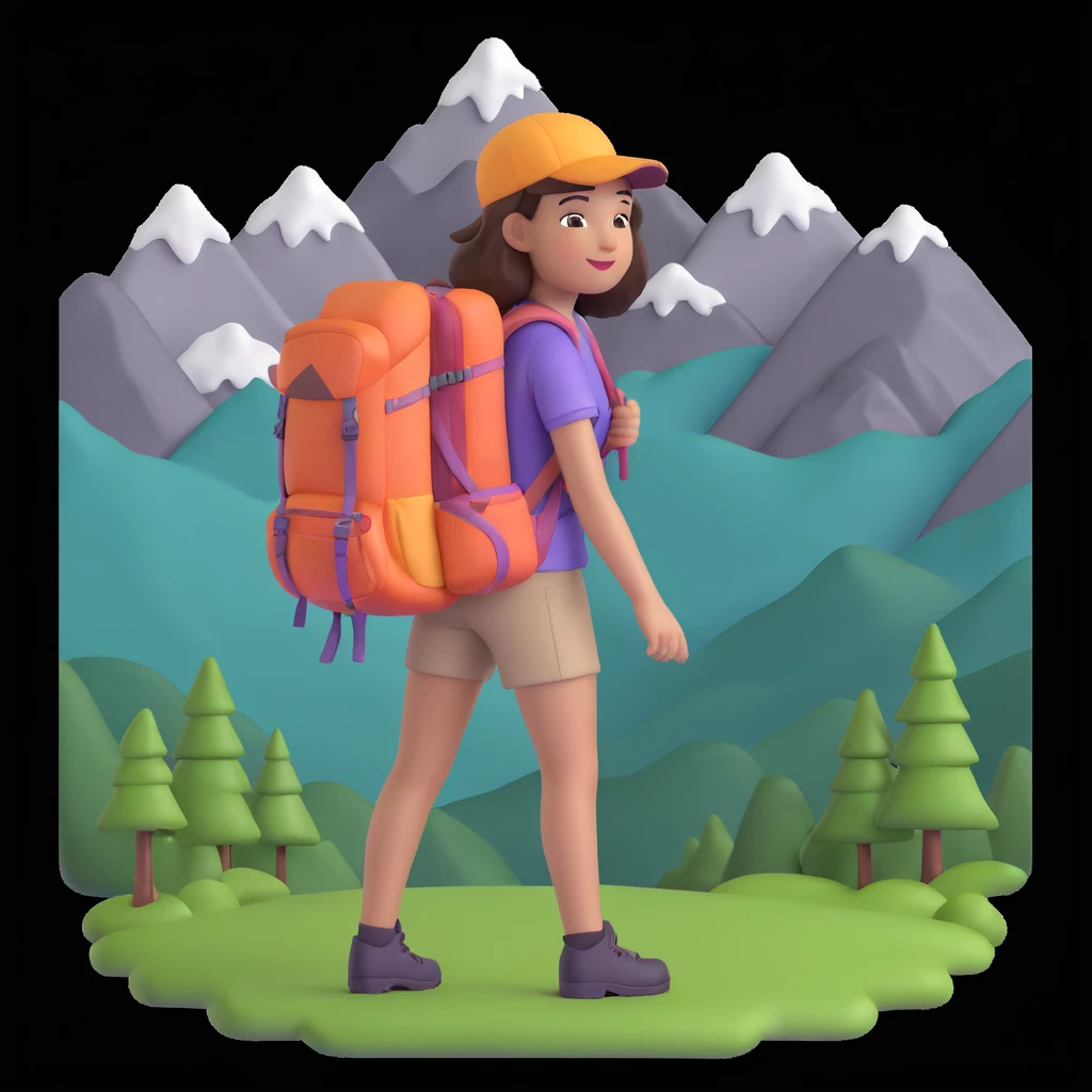 portrait of girl back packing mountains in background, close up pose emoji