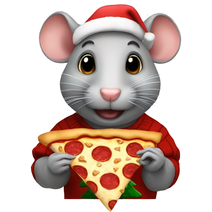 Rat wearing a Christmas sweater while eating a pizza emoji