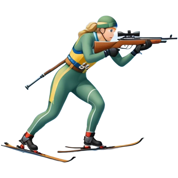 An icon featuring snow-covered trees, distant mountains, and a clear blue sky with a biathlete in motion, holding a rifle and skiing across a snowy course. Transparent background highlights the precision, endurance, and excitement of biathlon. emoji