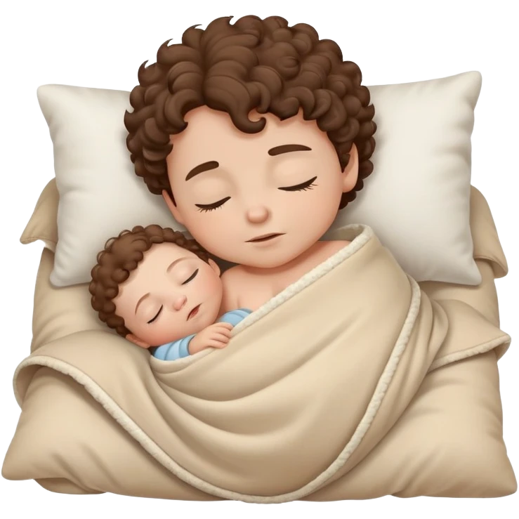 Sleeping Baby boy with curly brown hair, white skin, with beige blanket and pillows emoji