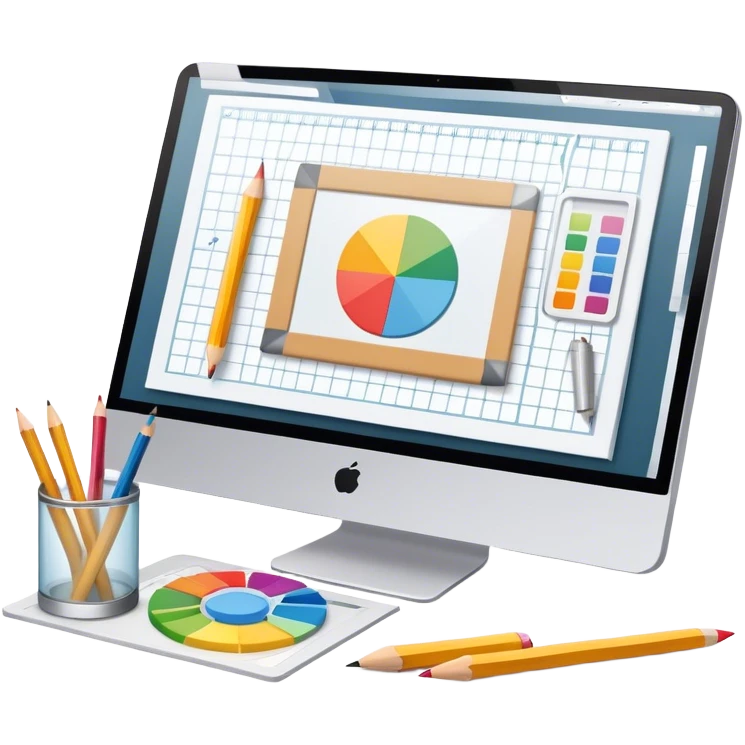 Professional emoji for Graphic Design: a computer screen displaying a design layout, vector shapes, a color palette, and design tools like a pencil and ruler. The icon should represent creativity and precision in graphic design. Transparent background. emoji