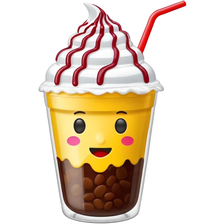 minimal LINE emoji shaved ice in a clear MEGA COFFEE cup, red beans and milk drizzle on top, ‘MEGA’ in bold yellow on the cup, no face, clean look emoji