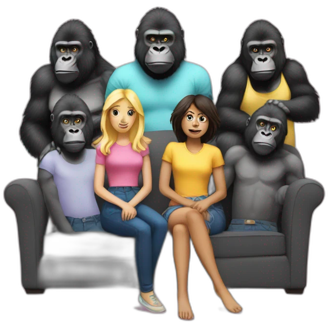 5 gorillas standing behind one blonde girl on a couch emoji
