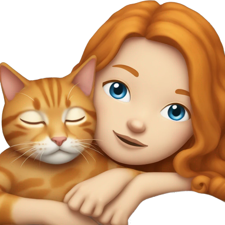Ginger girl with blue eyes sleeping with a cat emoji