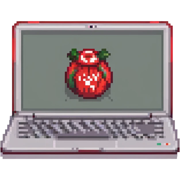 open red laptop, 'cmv' logo visible on the back of the screen, pixel art style emoji