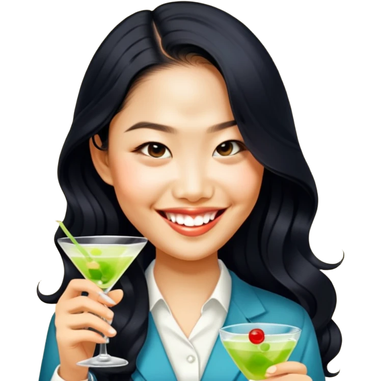 Asian girl long wavy hair holding martini emoji