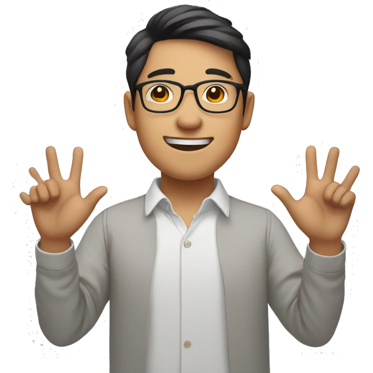 smiling young asian man who wearing glasses putting hands up emoji