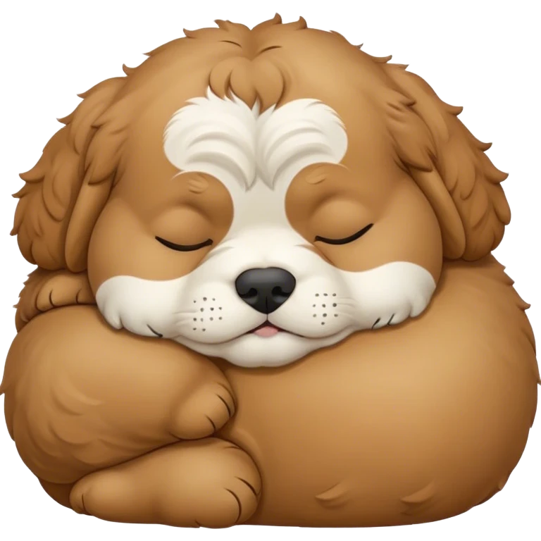 Cinematic Chubby Sleeping Cavoodle Portrait Emoji, Chubby and serene, with a round, cuddly build and a soft, curly apricot coat with subtle white patches, eyes gently closed in peaceful slumber, Simplified yet irresistibly endearing features, highly detailed, glowing with a gentle, dreamy glow, high shine, relaxed and content, stylized with a touch of whimsy, bright and heartwarming, soft glowing outline, capturing the essence of a blissfully sleepy companion, so comically serene it feels like it could roll out of the screen and snore with adorable charm! emoji