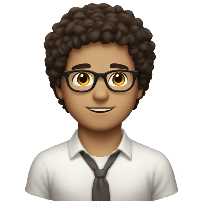 White boy with fluffy dark brown hair, brown eyes and glasses  emoji