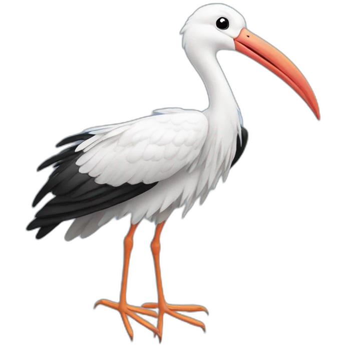  white stork with long legs and a long beak flying in the sky. The stork is carrying a blue bundle of cloth in its beak that has a cute white baby face peeking out from it with black head emoji