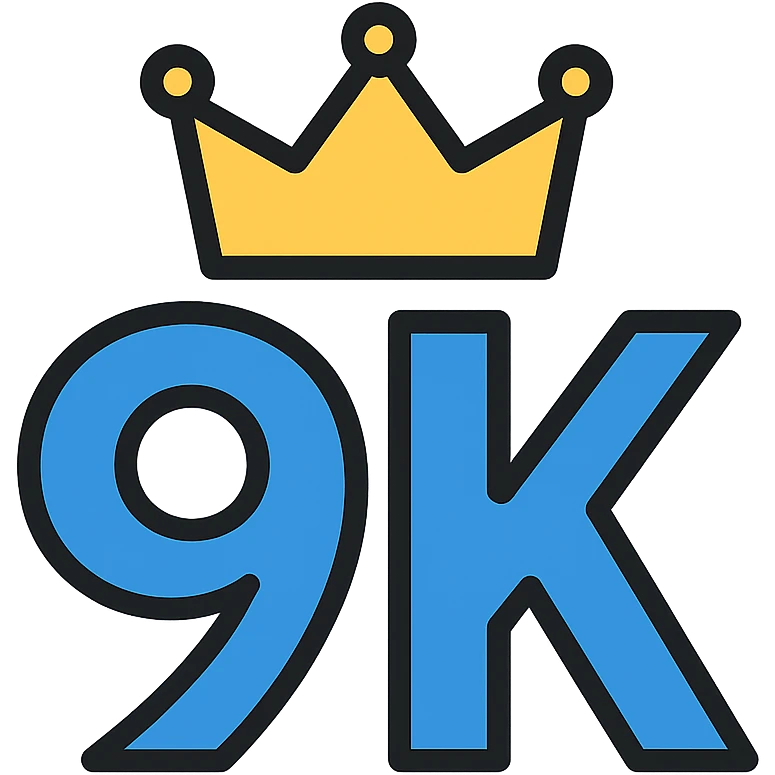 the text '9k' in a strong font with a gold crown on top, clean and simple emoji