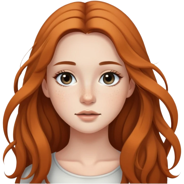 young woman with flowing long hair, dark black eyes, natural makeup, and cute freckles emoji