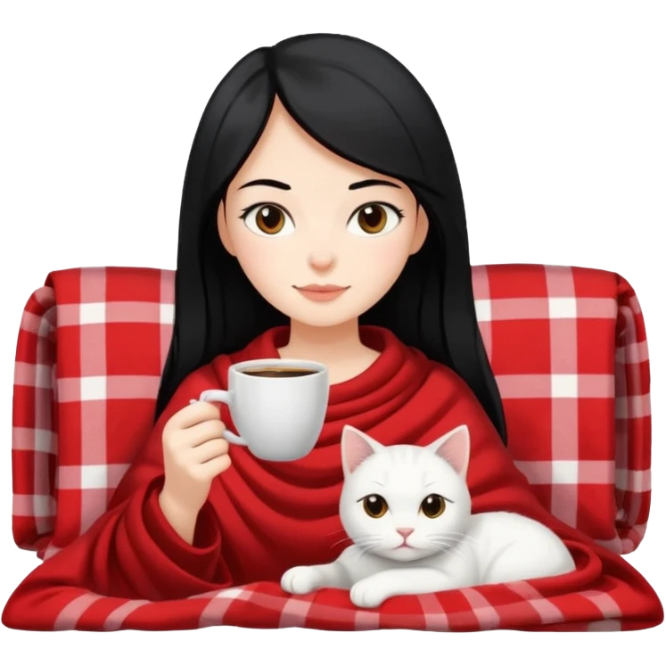 Beyaz kedi siyah saclı bayan elinde kahve ve battaniyesi emoji