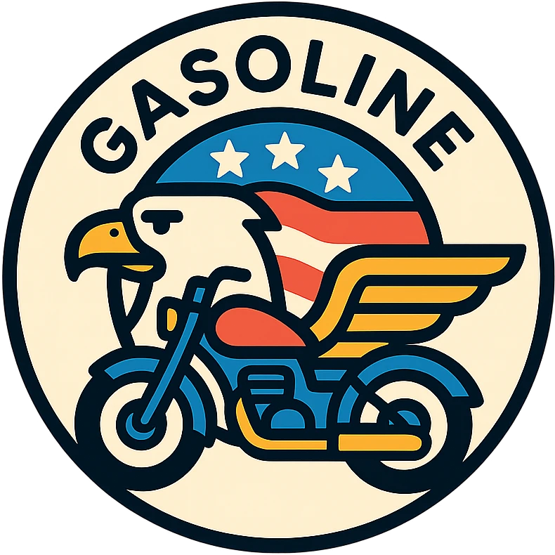 circular motorcycle gas cap design, transparent background, text 'GASOLINE', motif: eagle, motorcycle, wing, American style emoji