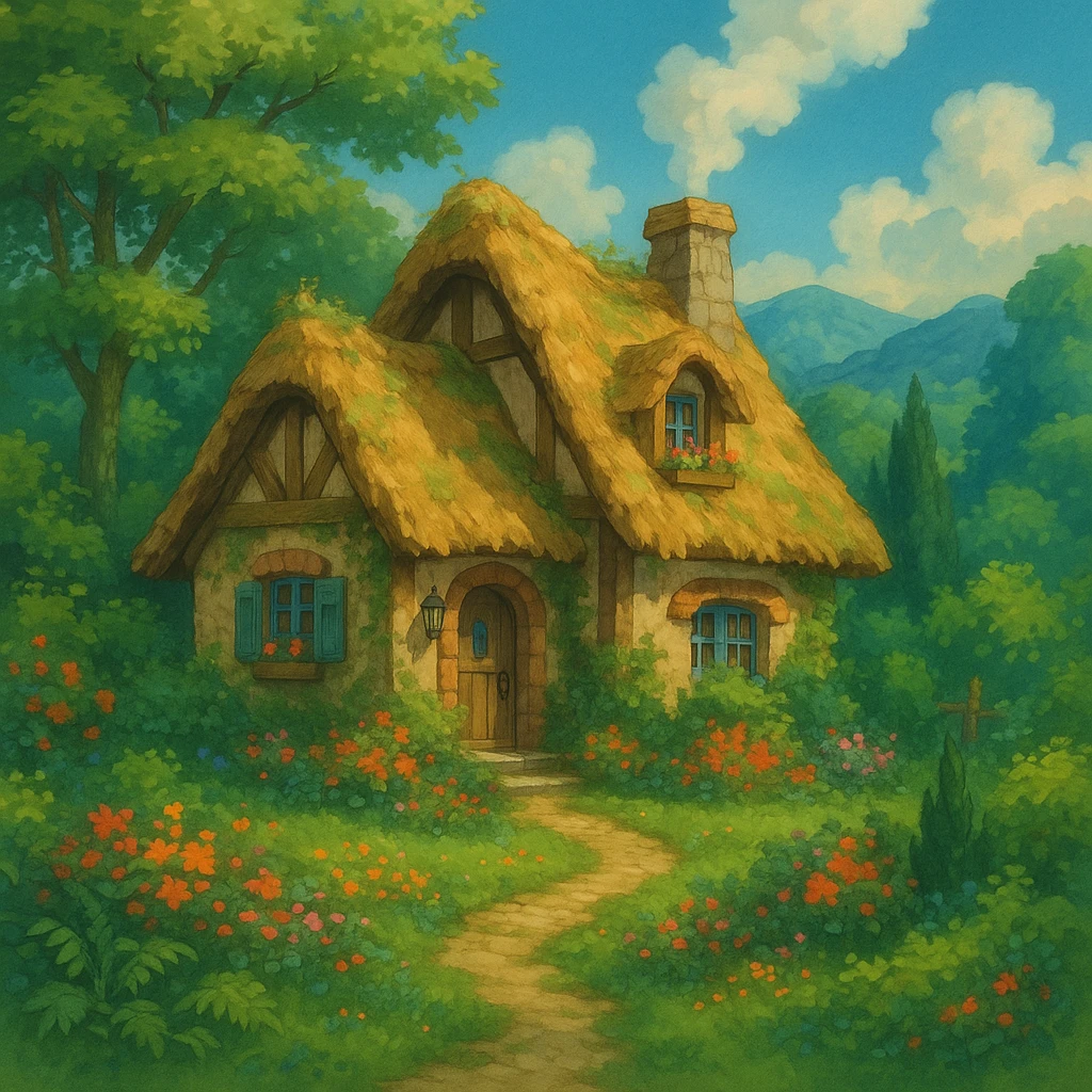 a cozy cottage in a magical landscape, ghibli style, detailed, enchanting, lush environment emoji