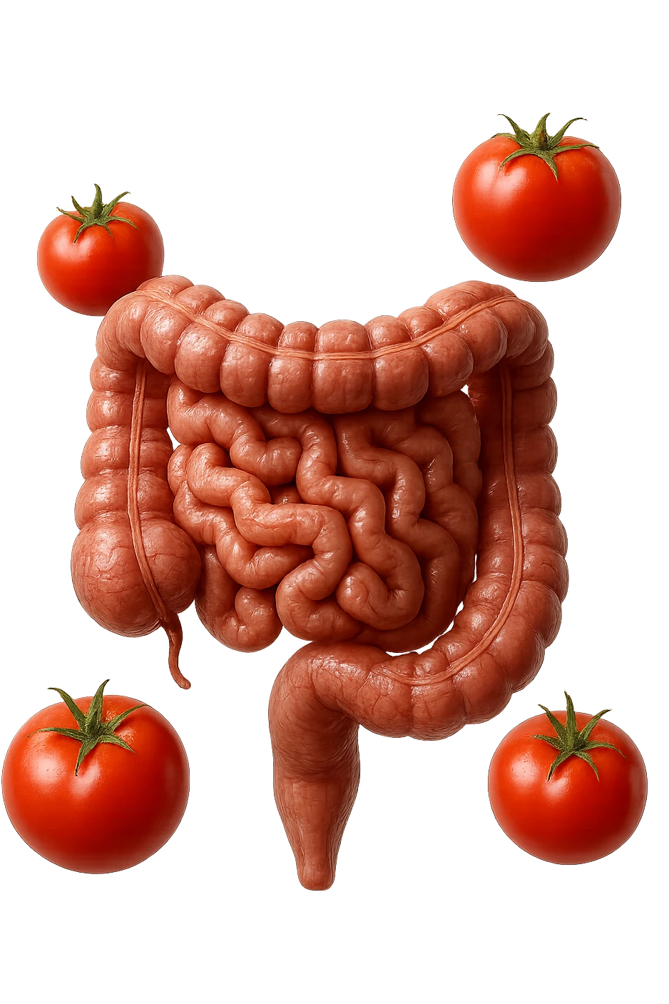 intestino umano anatomico con pomodori che gli fluttuano intorno, iperrealistico 4k emoji