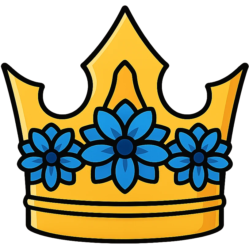 A queen level fantasy tiara-crown, golden and sun color shaded, with light royal blue colored dahlia flowers embedded in the ring of the crown, semi-realistic emoji