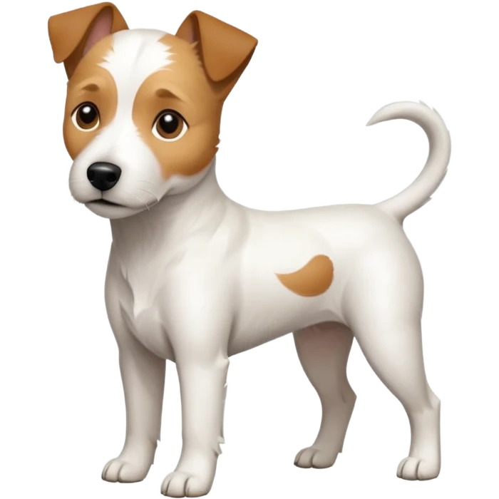a full body white parson russell looking dog the size of a kelpie with light brown ears and a light brown patch on one eye and a large snout emoji