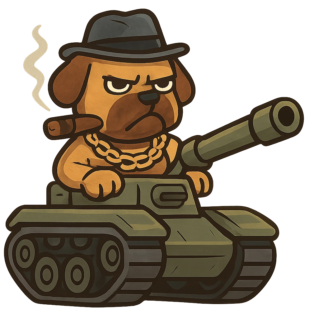 Gangster dog driving a tank with a big cigar emoji