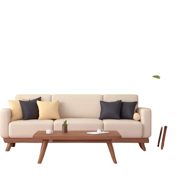 large open concept room with cream walls, wooden floor, cute decorative pillows, wooden furniture emoji