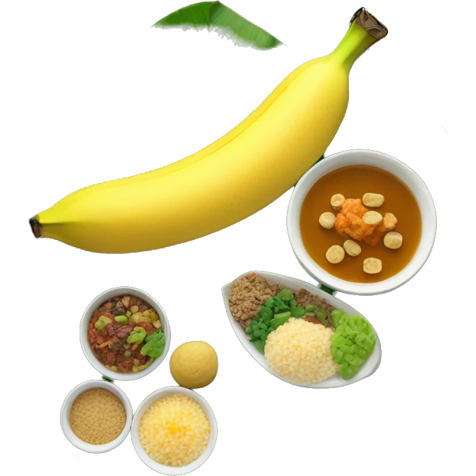 banana leaf with food items on it like rice, bowls, banana emoji