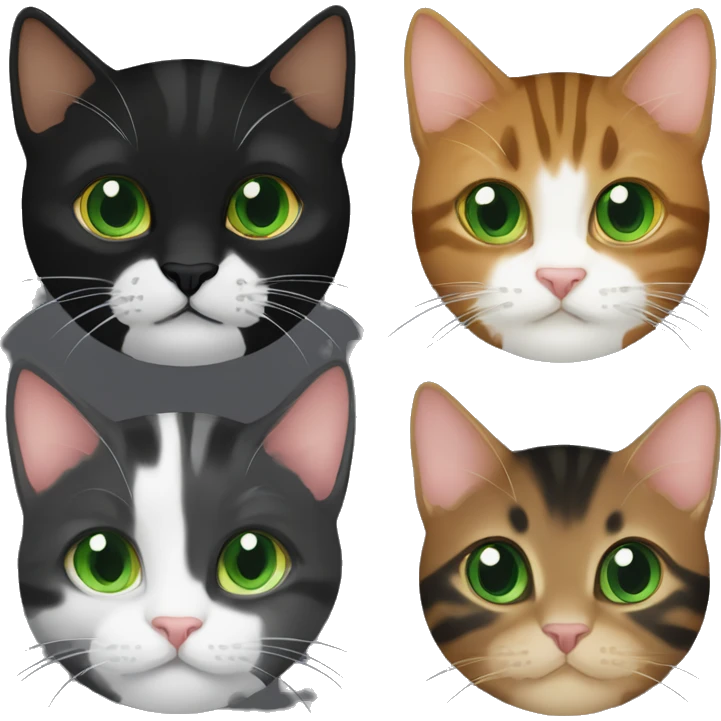 brown tabby cat with green eyes, black tuxedo cat with green eyes, dark brown kitten with orange eyes emoji