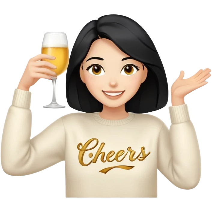 A woman with longer black hair, light to medium skin tone, full cheeks, and almond-shaped eyes, wearing a simple white sweater with the word 'cheers' in gold script, joyful and radiant expression, cheerful. emoji