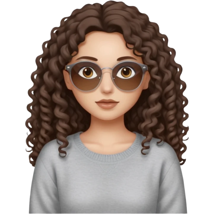aesthetic white girl with dark brown, long curly hair, she wears a light grey sweater top and narrow round brown sun glasses and her eyes arent visible emoji