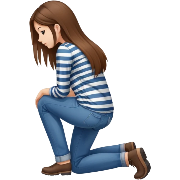 girl with long straight hair in jeans and striped shirt kneeling on the ground seen from behind emoji