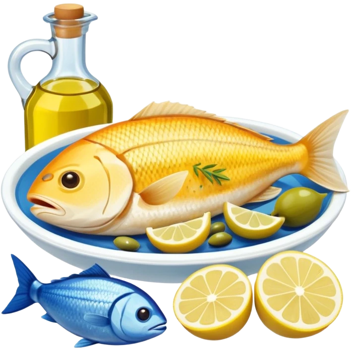 Mediterranean cuisine humanless avatar in clean emoji-style illustration. Olive oil, fish, lemon, blue and sunny colors, light and fresh mood, flat design, high contrast. emoji