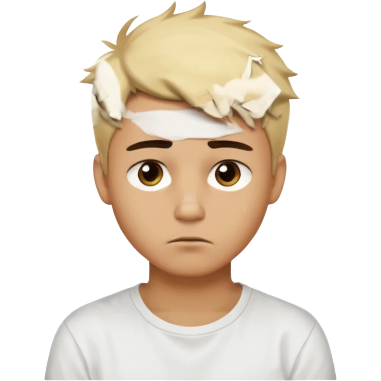 caramel skin color. Teen age. Short buzz, messy blonde hair, dark brown bushy eyebrows large expressive golden-brown eyes, brown skin color, scar over nose, wearing a plain white t-shirt. 20 year old male. thinking facial expression. caramel skin color.  emoji