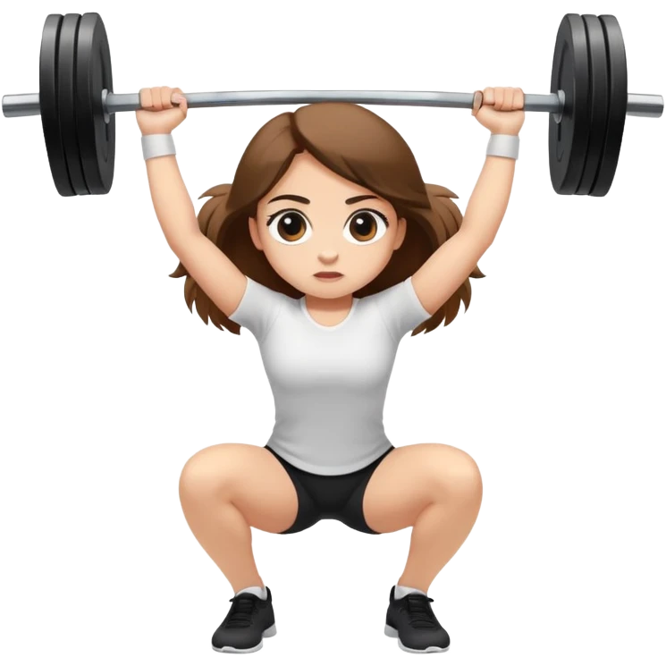 A girl with light skin, big eyes, long brown hair and wearing a white shirt is doing an overhead squat with a lot of weight on the barbell emoji
