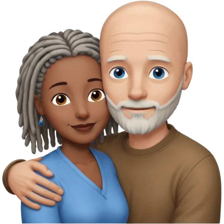 Tall bald white man with a short white beard and blue eyes in a lovingly embrace with a black woman with brown eyes and grey hair dreads emoji
