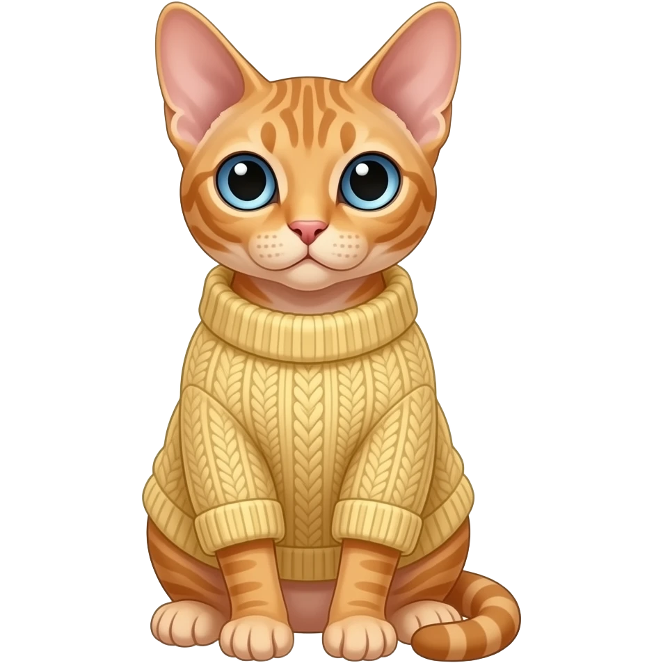 A golden Cornish Rex cat with blue eyes sits on a warm sweater emoji
