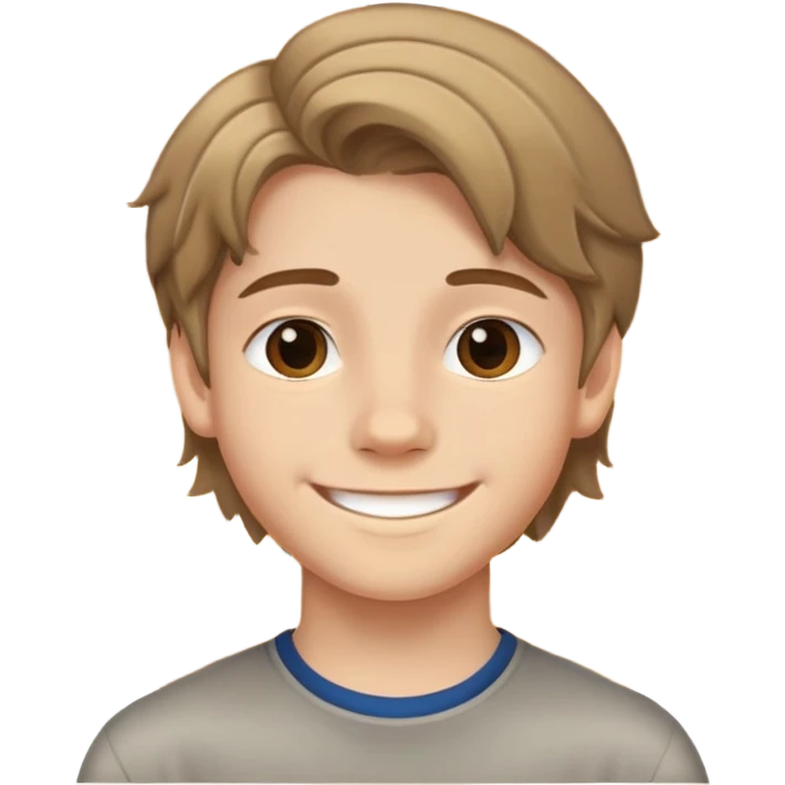 Teen boy with light complexion, brown curtain hair, middle part hairstyle, smiling face, 14 years old emoji