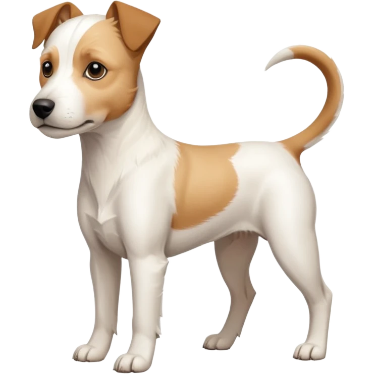 a full body buff white parson russell terrier looking dog the size of a kelpie with light brown long ears and a light brown patch on one eye and a large snout. the rest of the dog is completely white. forward facing emoji