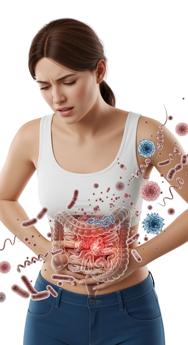 DONNA CON MAL DI PANCIA E INTESTINO UMANO ANATOMICO VISIBILE, BATTERI INTESTINALI FLUTTUANO INTORNO, IPERREALISTICO 4K, SFONDO BIANCO emoji