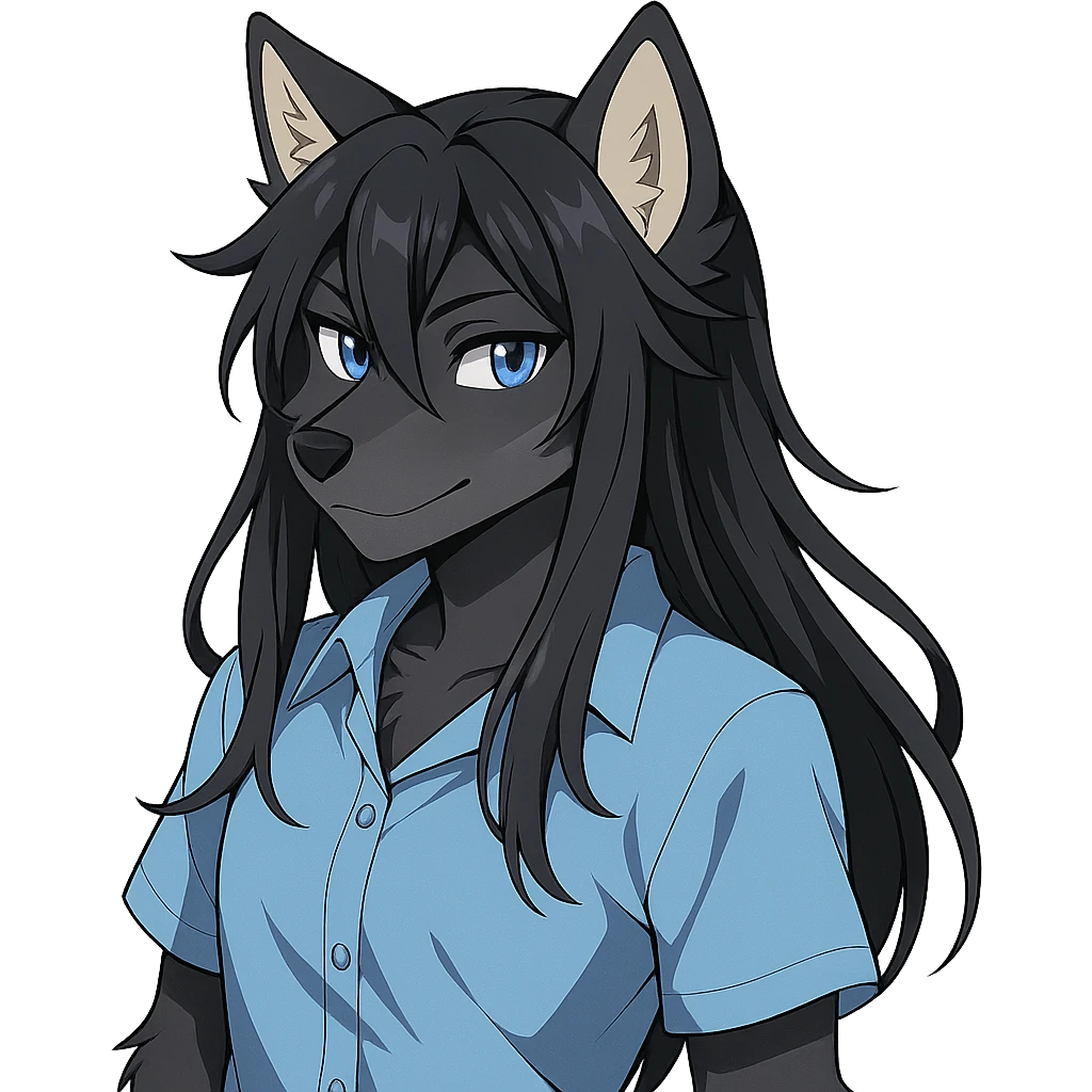 anime style wolf furry character with blue eyes, long black hair, wearing a light blue shirt emoji