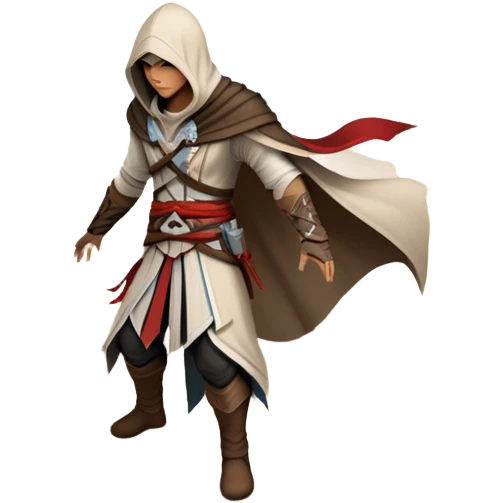 An icon representing an adventure game, inspired by Assassin's Creed. The design features a heroic character in hooded attire, scaling a tall building in a historical cityscape. The background shows ancient architecture and hidden symbols, symbolizing exploration and stealth. Transparent background emoji