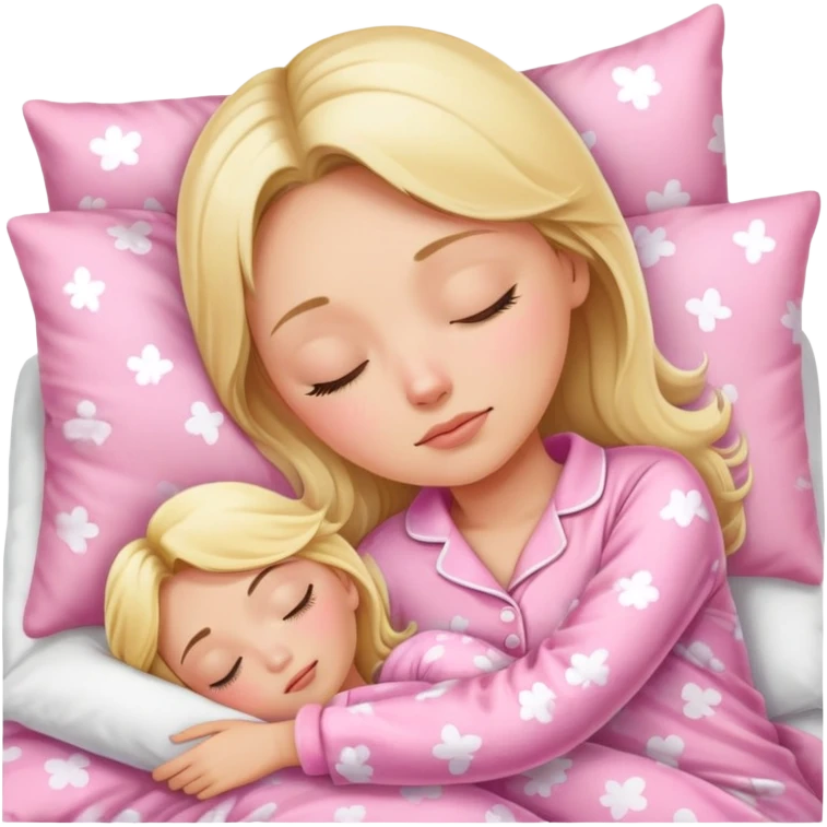 One adult blonde girl in pink Pajamas is sleeping in the bad  emoji