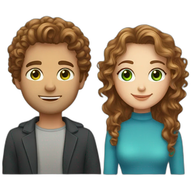 Couple. beautiful girl with light brown long curly hair and green eyes. Handsome man with brown curly hair and blue eyes emoji