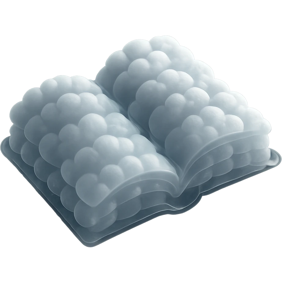 top view of a thick open book made entirely of small, very bright white fluffy convex clouds, matte glass style, emphasis on volume and airiness, no background emoji