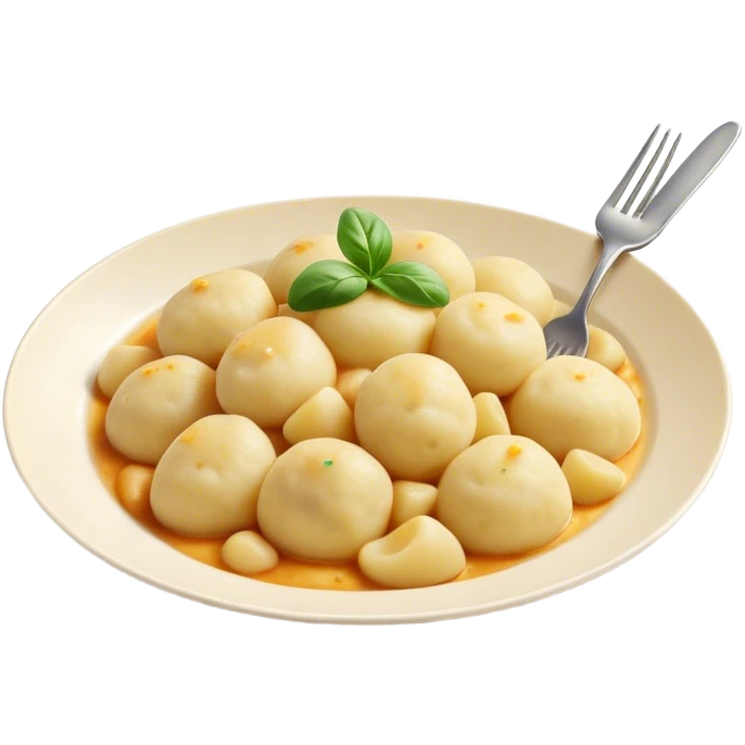 Gnocchi Cinematic Realistic Gnocchi Dish Emoji, depicted as tender potato dumplings garnished with iconic fork marks on top, rendered with soft textures and warm, inviting lighting. emoji