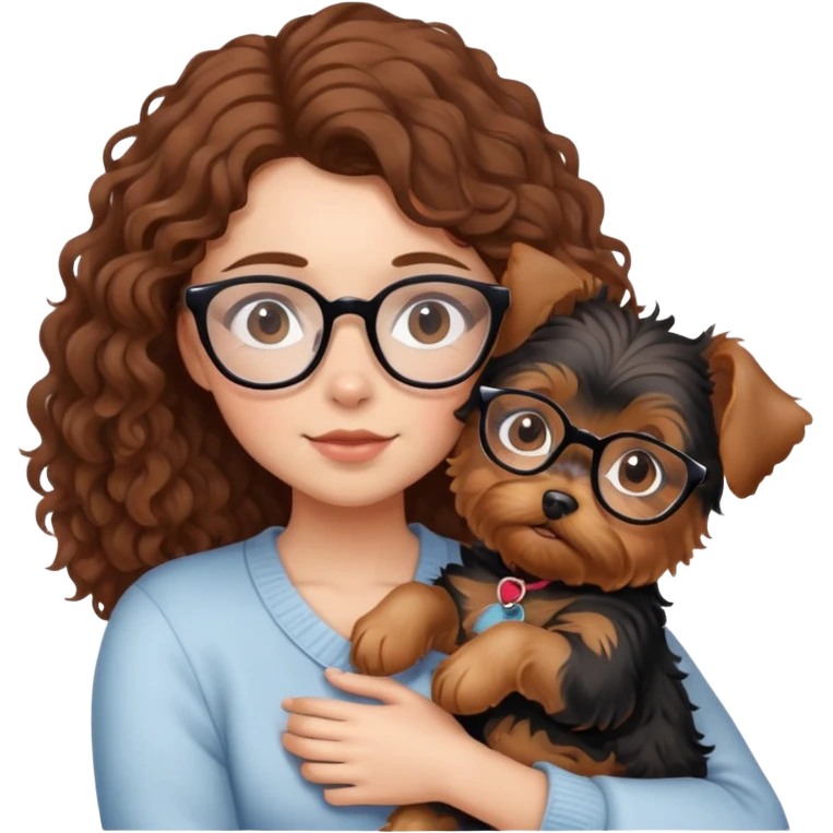 Girl with brown curly hair wearing glasses cuddling with a cute yorkie emoji