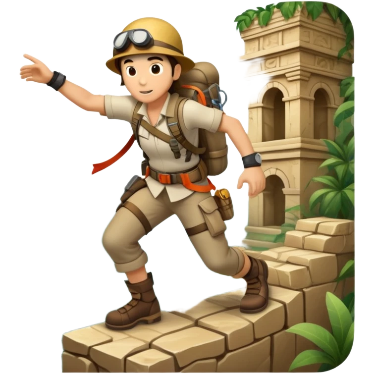 An icon featuring an adventurer in a dynamic action pose, with treasure maps, ancient ruins, and jungle landscapes in the background. The design includes clues, hidden passages, and climbing gear, symbolizing the thrill of exploration and discovery. Transparent background. emoji