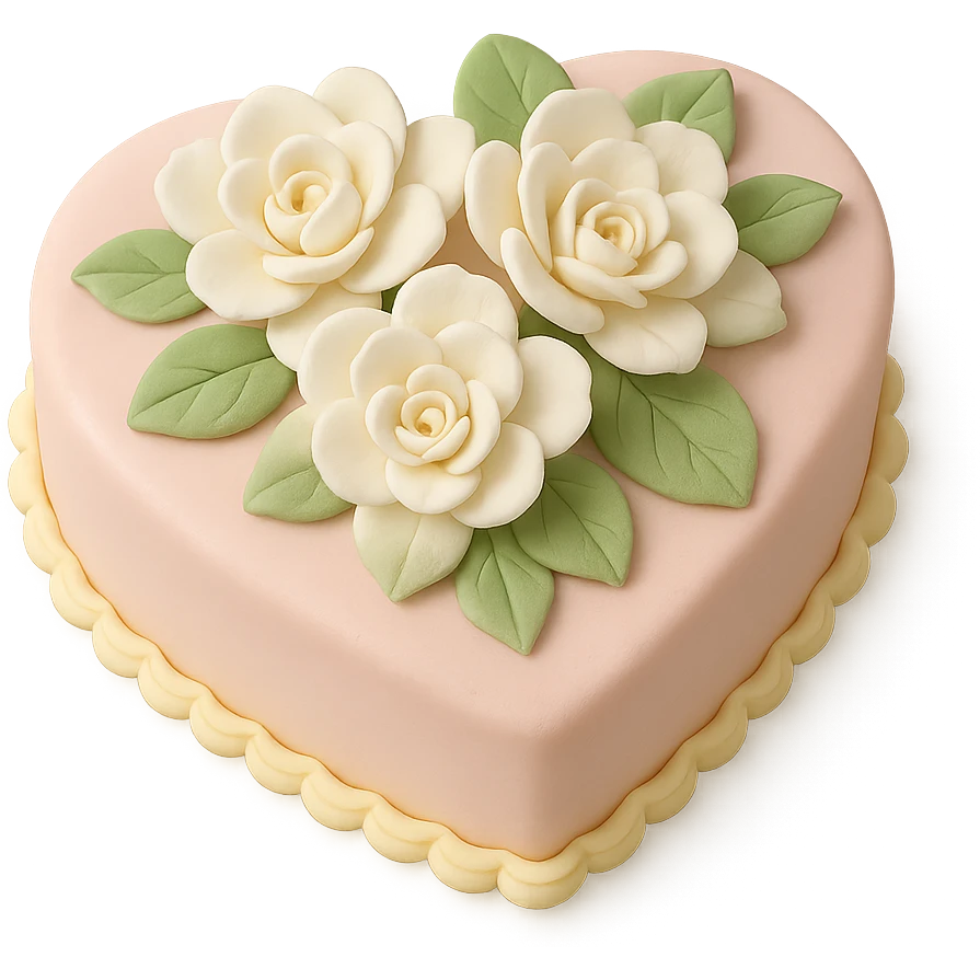 heart-shaped fondant cake with piped gardenias emoji