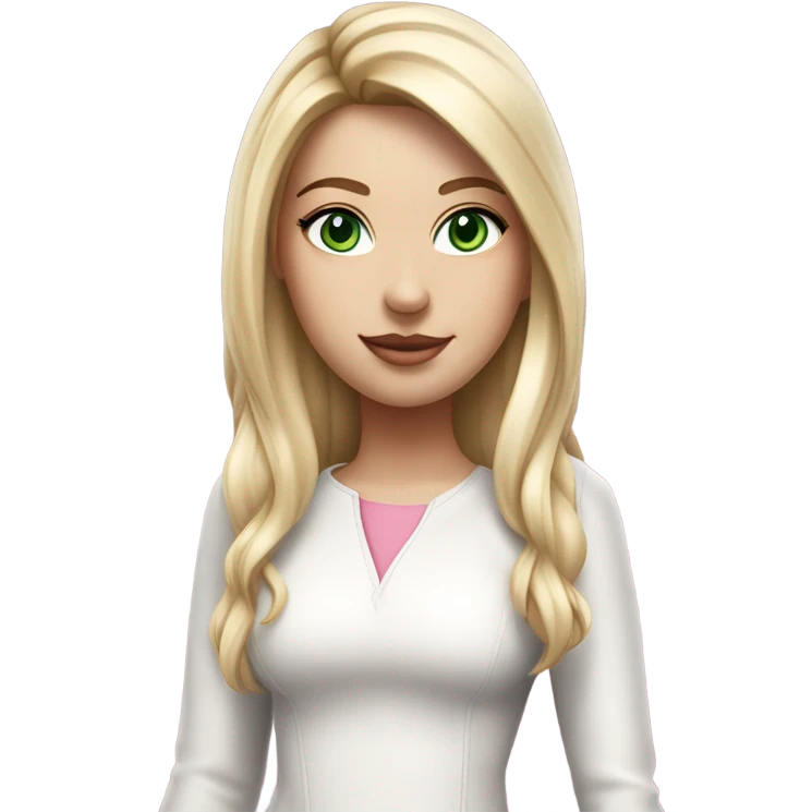 Realistic White girl with Long straight blonde hair, green eyes, tattoos, full body wearing white dress and pink knee-high leather boots, posing emoji