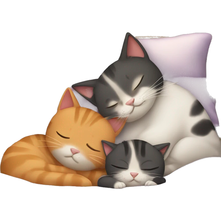 Three cats sleeping in bed with mom emoji