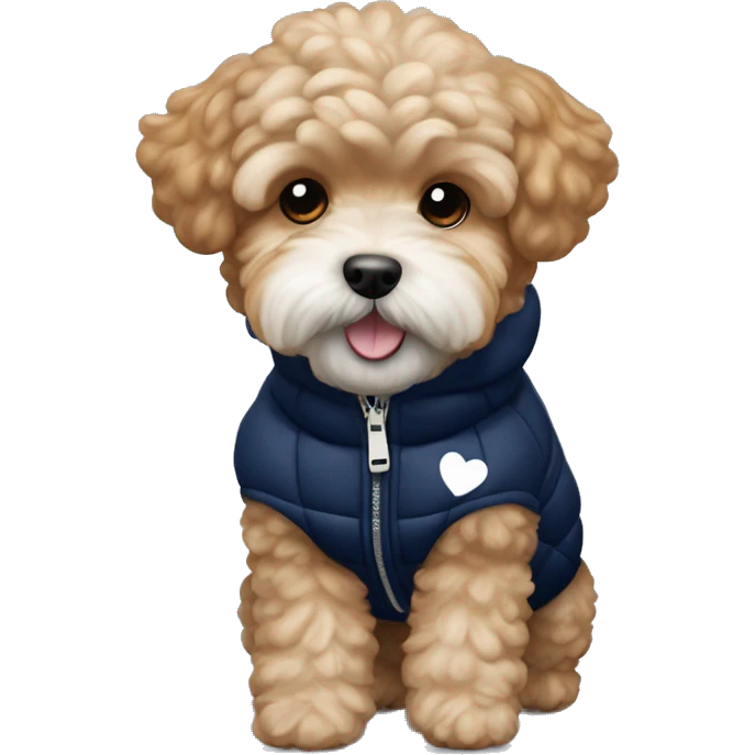 Ginger maltipoo wearing navy blue puffer jacket with white hearts pattern  emoji