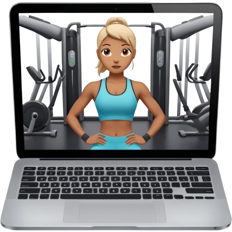Open laptop on a dark background, showing a fitness trainer inside a modern professional gym on the screen— smooth rounded edges, soft lighting, no text or logos, minimalistic and high-quality rendering. Only the laptop is visible, centered emoji